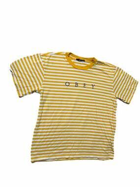 Obey Striped Logo T-Shirt Size L Yellow White Short Sleeve Tee